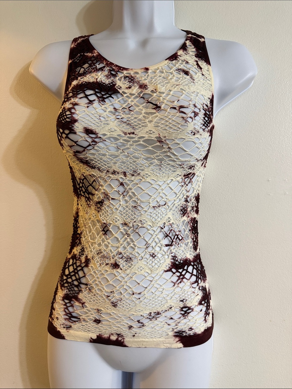 NWT Guess Sleeveless Cream & Brown Crochet Lace Tank Top Size XS/S